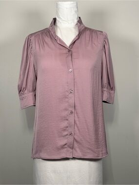 DKNY Mauve Satin Short Puff Sleeve Button Down Blouse Top Large